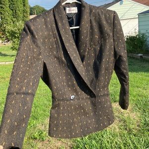 Tahari blazer charcoal black with gold/ mustard yellow detail.